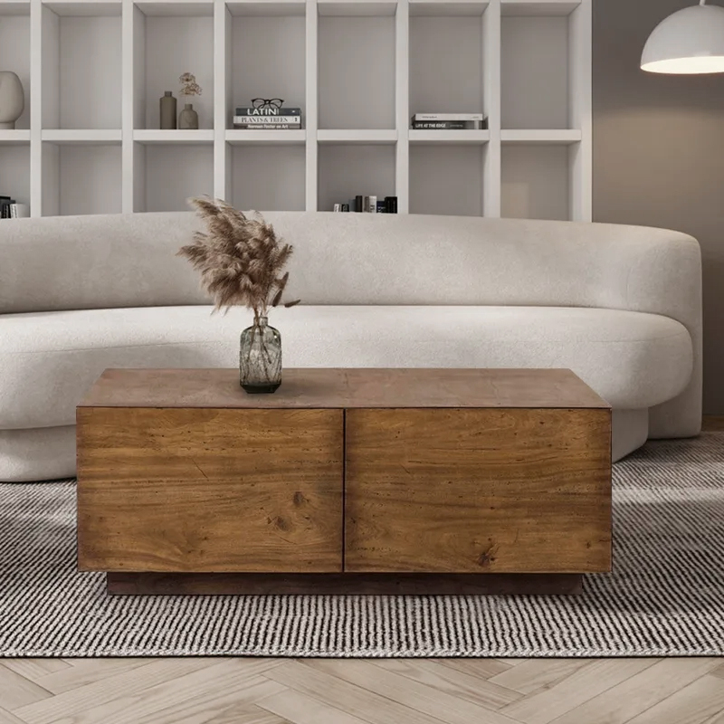 Japandi Square Coffee Table with 4 Drawers Storage Wooden Pedestal ...