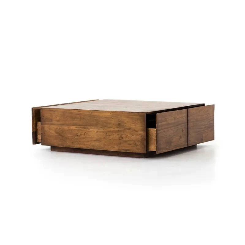Japandi Square Coffee Table with 4 Drawers Storage Wooden Pedestal Coffee Table Living Room