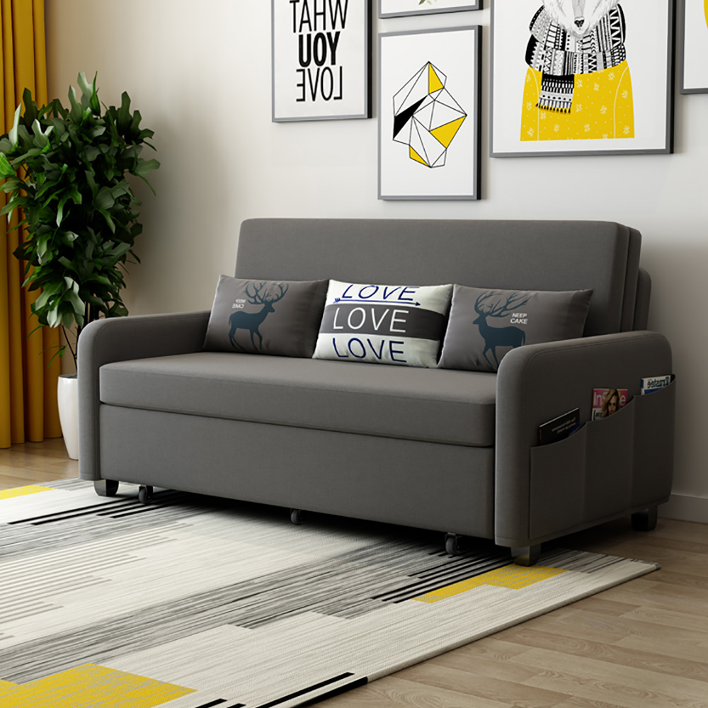 Modern Deep Grey Convertible Sofa Bed Full Sleeper with Storage Cotton & Linen Upholster