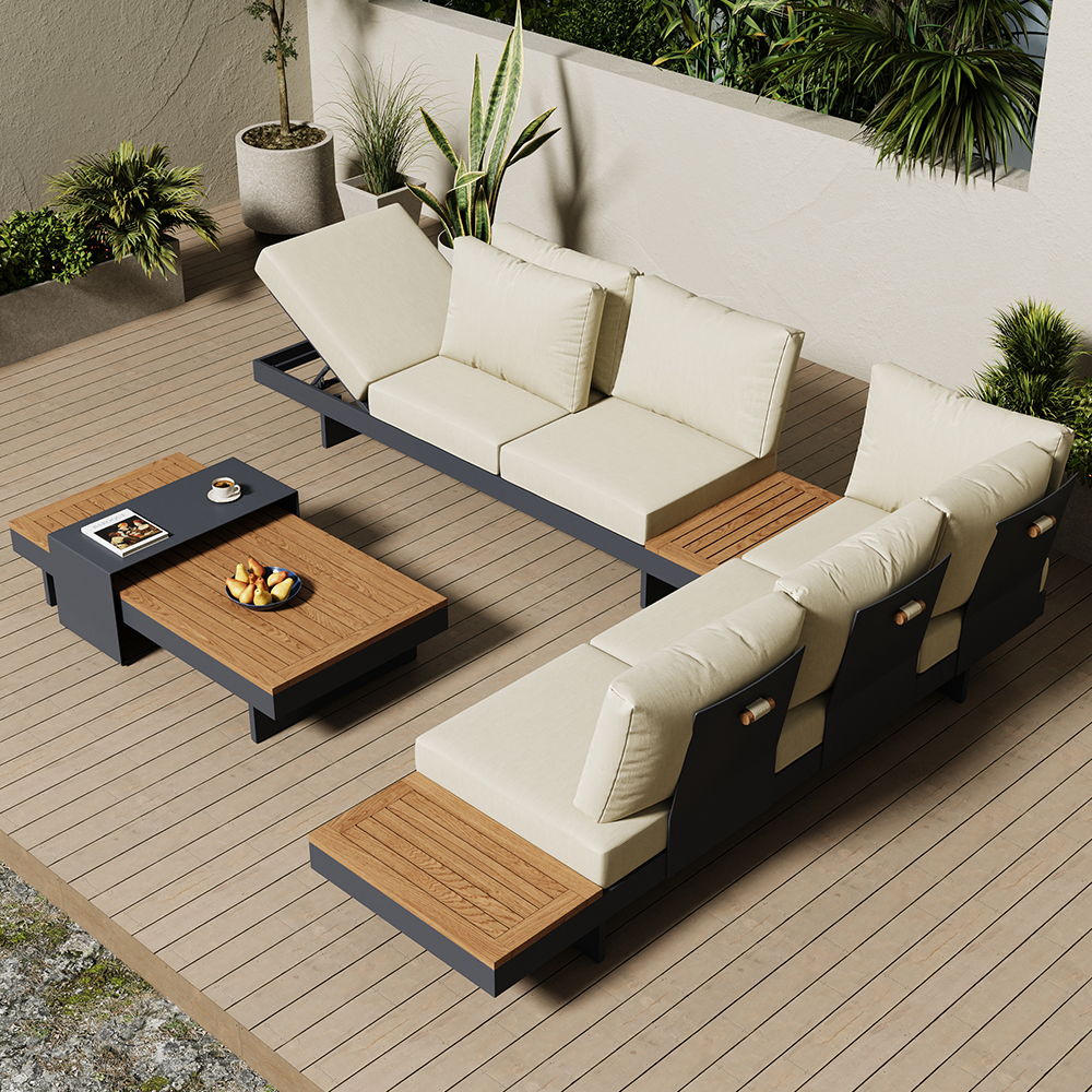 4 Pieces Modern L Shape Teak Wood Outdoor Sectional Sofa Set with Coffee Table in Beige