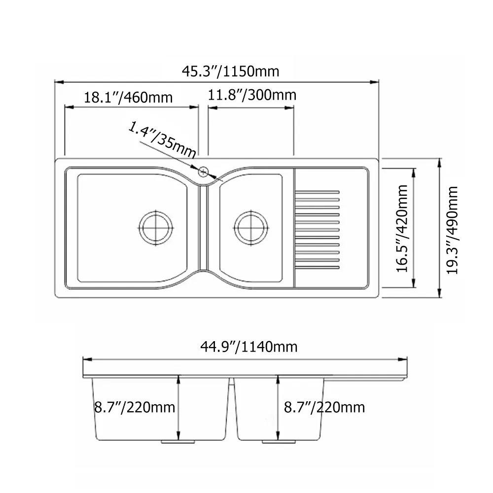 45" Black Quartz Kitchen Sink Double Bowl DropIn Sink with Drain Board