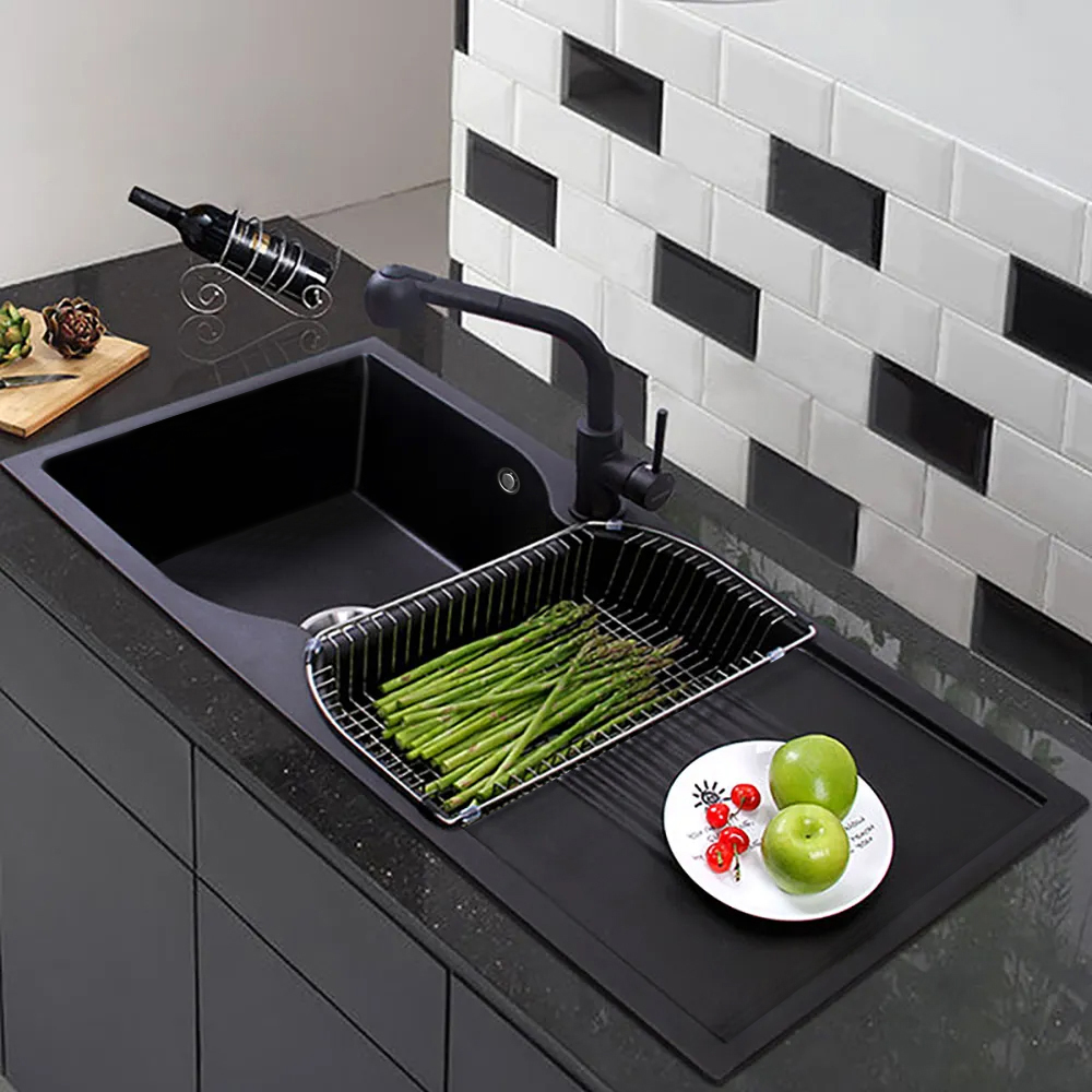 45" Black Quartz Kitchen Sink Double Bowl Drop-In Sink with Drain Board