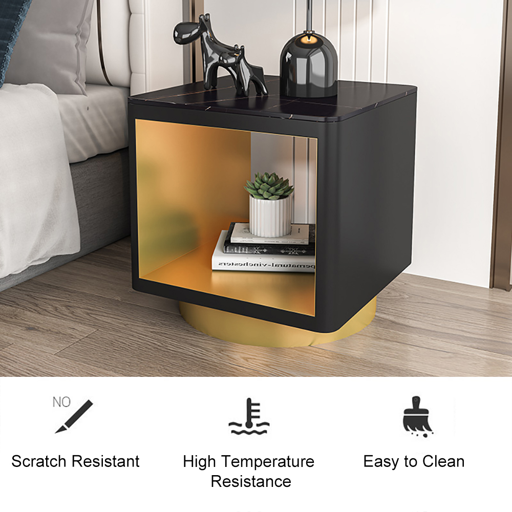 Modern Black Side Table with Storage Hollow Cube Table with Gold Metal