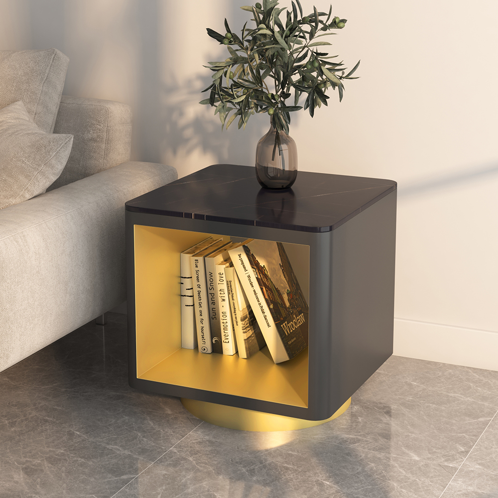 Modern Black Side Table with Storage Hollow Cube Table with Gold Metal