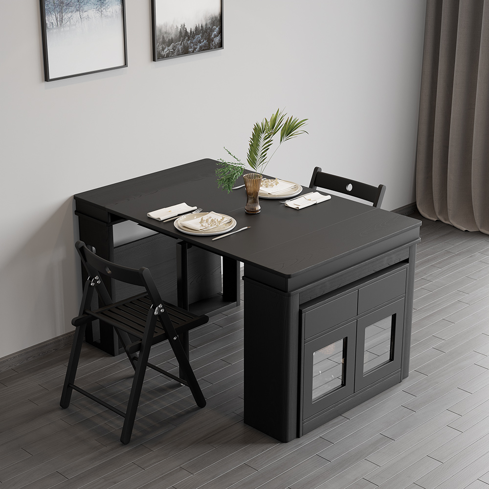Modern Black Extendable Dining Table Set Rectangle Storage Sideboard ...