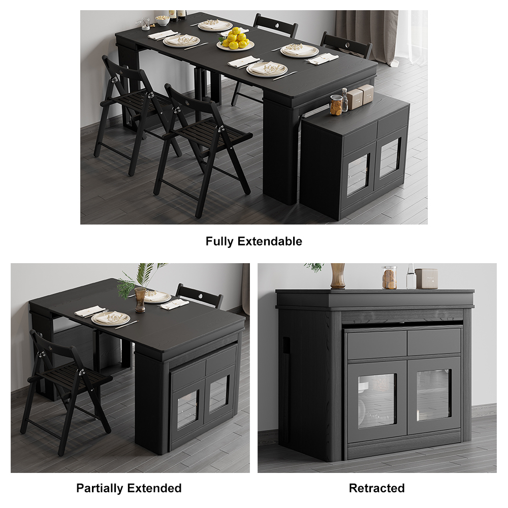 Modern Black Extendable Dining Table Set Rectangle Storage Sideboard ...