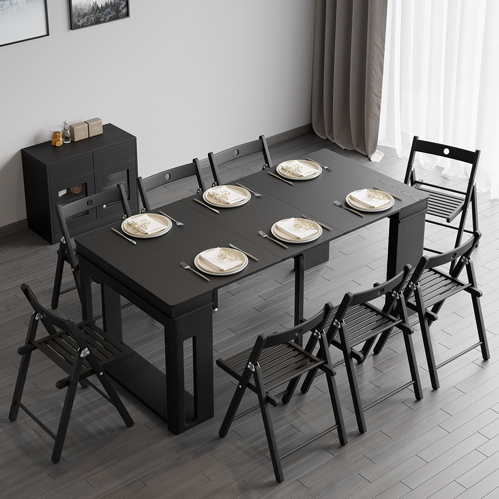 Modern Black Extendable Dining Table Set Rectangle Storage Sideboard ...