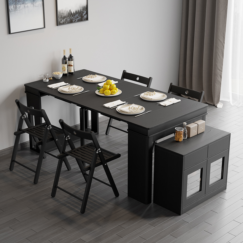 Modern Black Extendable Dining Table Set Rectangle Storage Sideboard ...