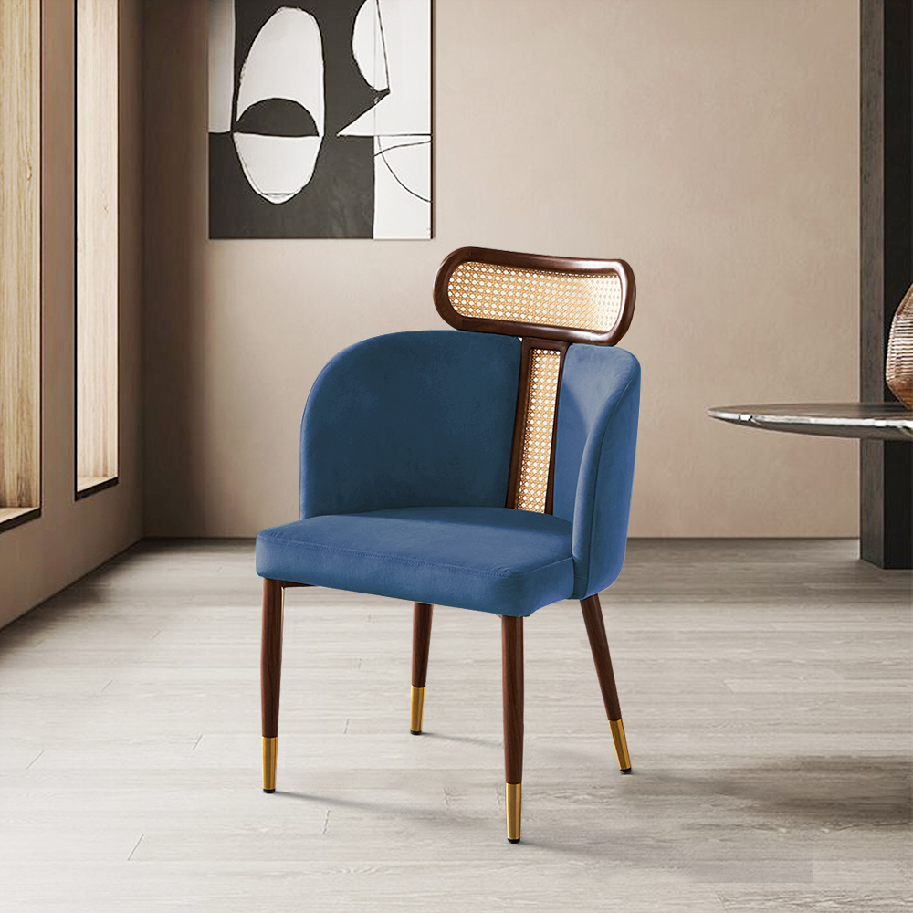 Modern Blue Velvet Dining Chair Curved Back Rattan Dining Room Chairs
