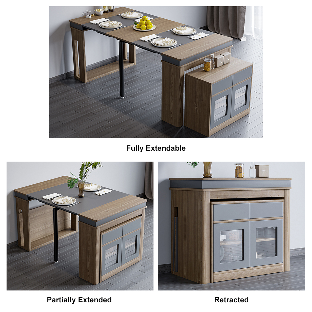 Modern Extendable Dining Table Rectangle Sideboard with Storage in Walnut & Gray Kitchen