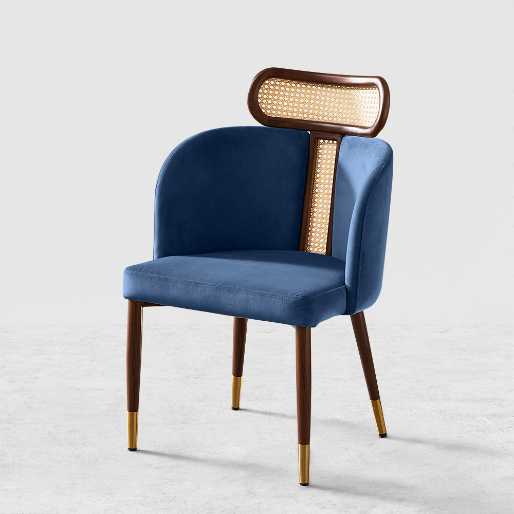 Modern Blue Velvet Dining Chair Curved Back Rattan Dining Room Chairs