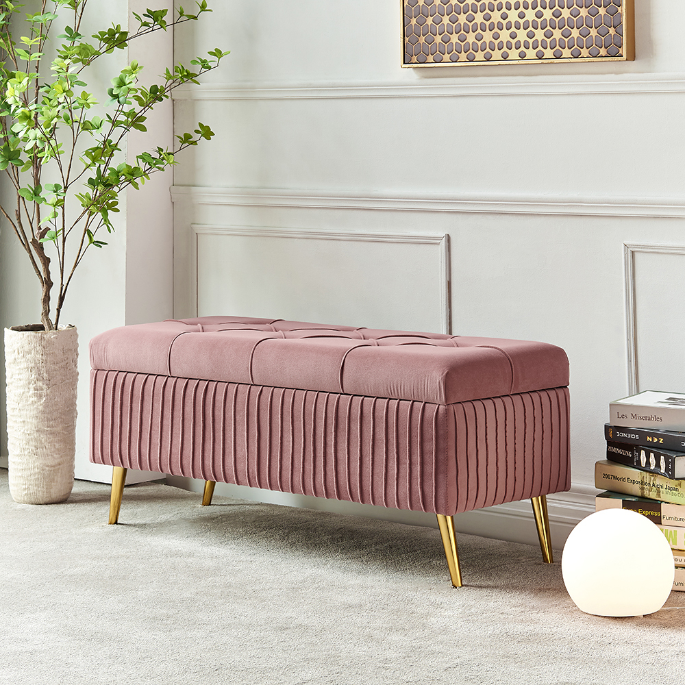 Modern Velvet Storage Bench Flip Top in Pink with Gold Legs Bedroom