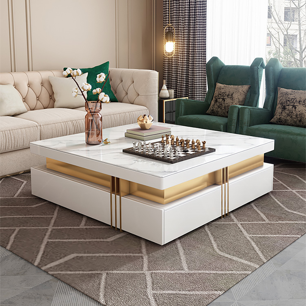 Trimied 43" Modern White Square Storage Coffee Table Stone Top with 4
