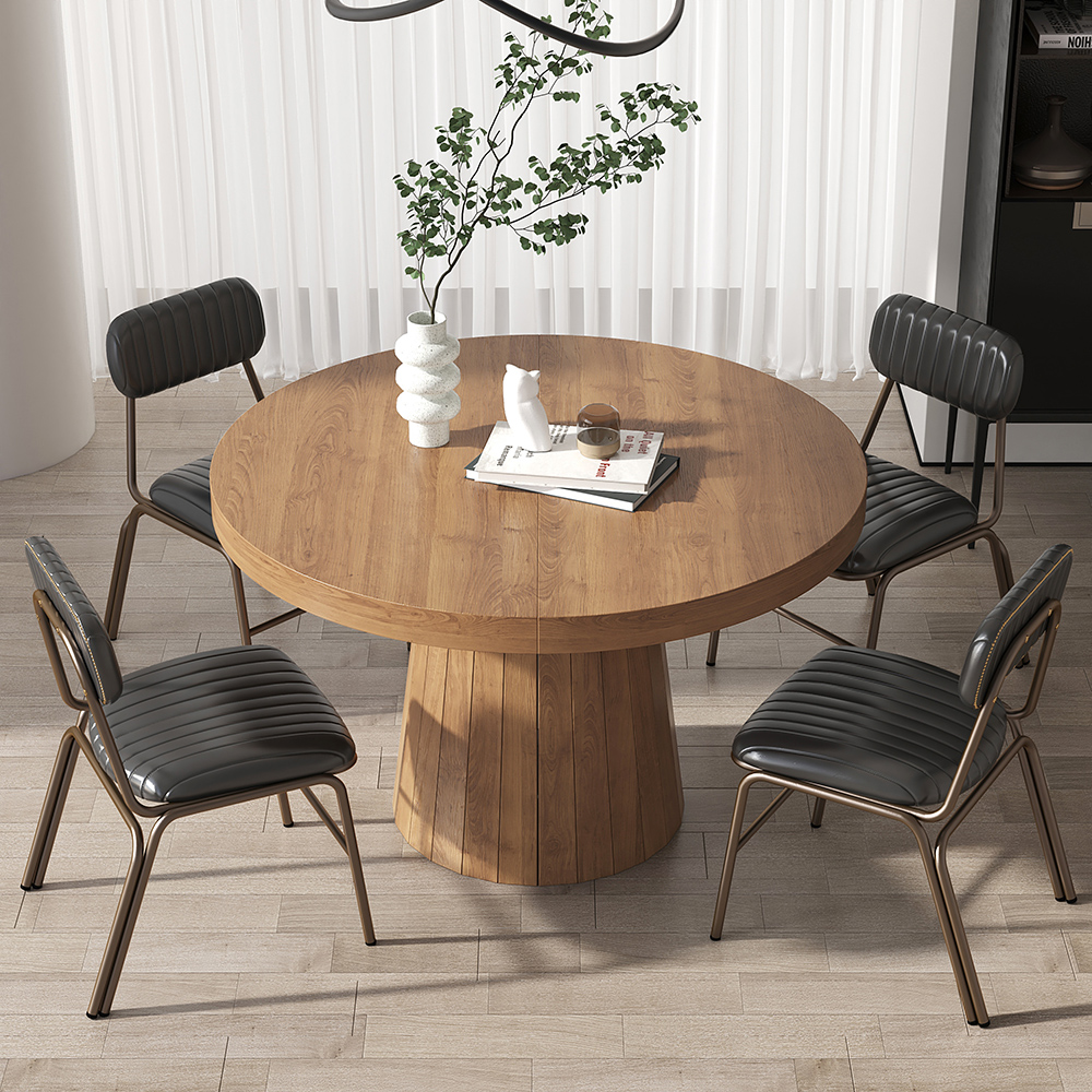 Japandi 39"55" Extendable Dining Table 6Seater Walnut Oval&Round Table Pedestal Kitchen