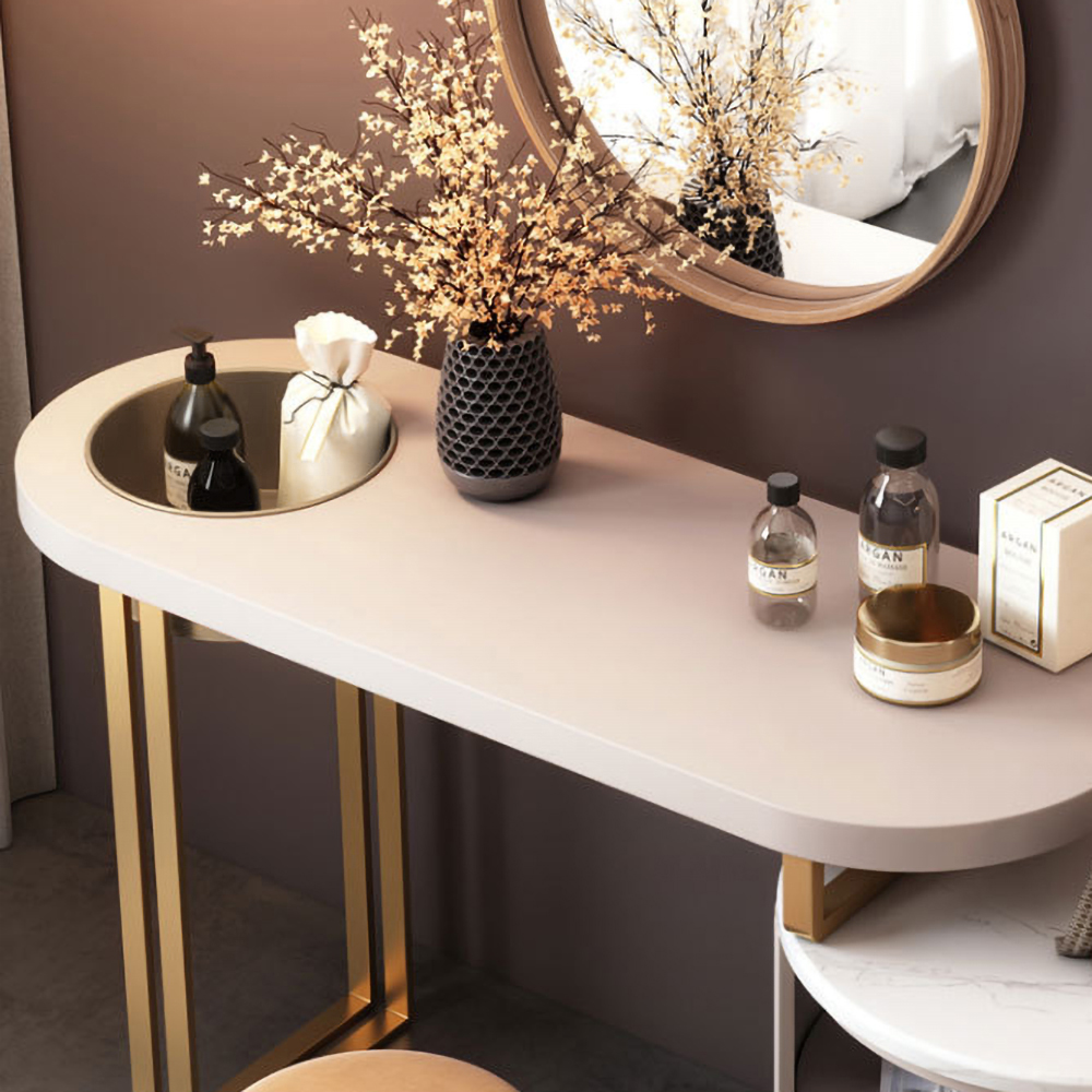 Pink Makeup Vanity Set with Storage Drawers Side & Mirror