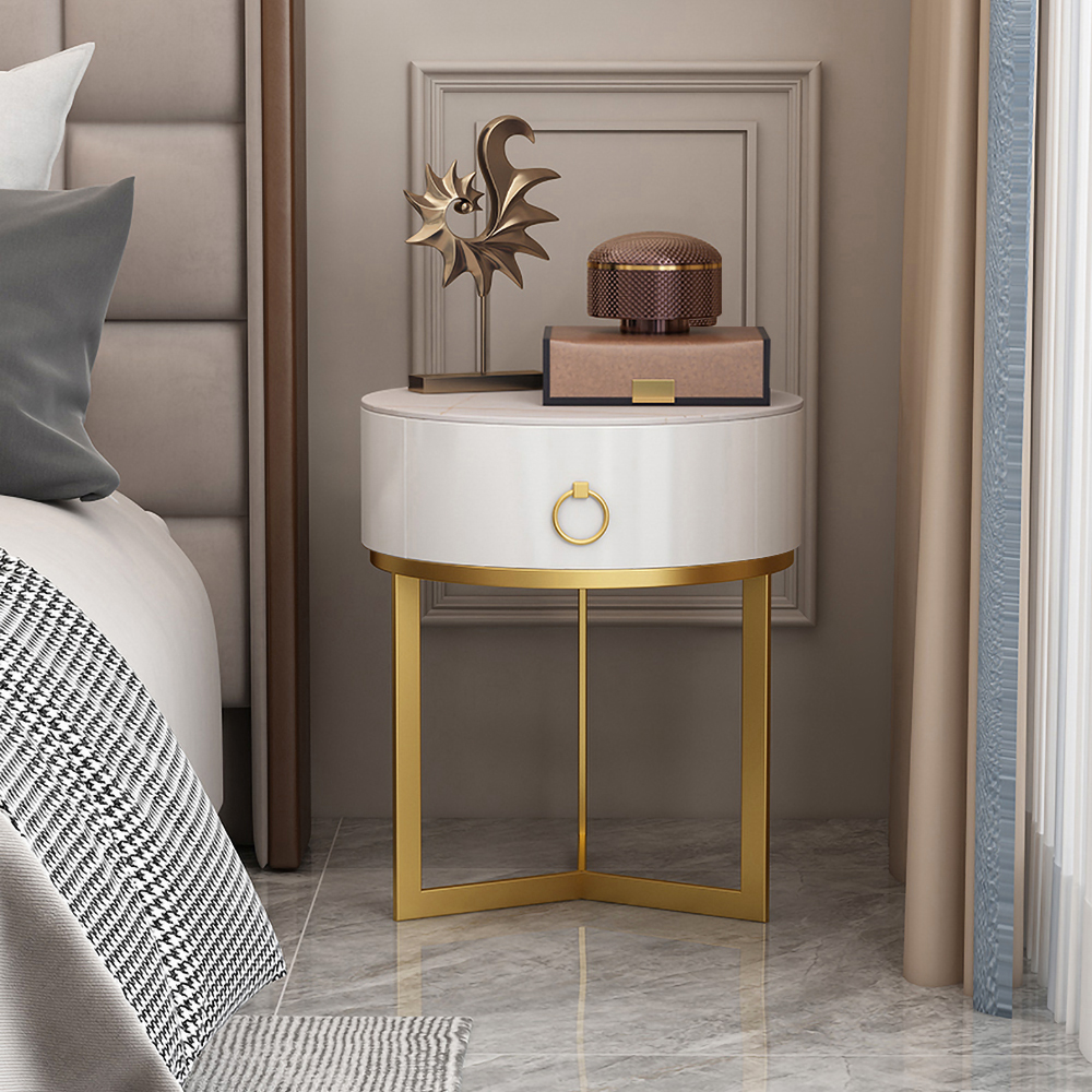 Modern Round Nightstand with 1 Drawer White Nightstand Bedside Table