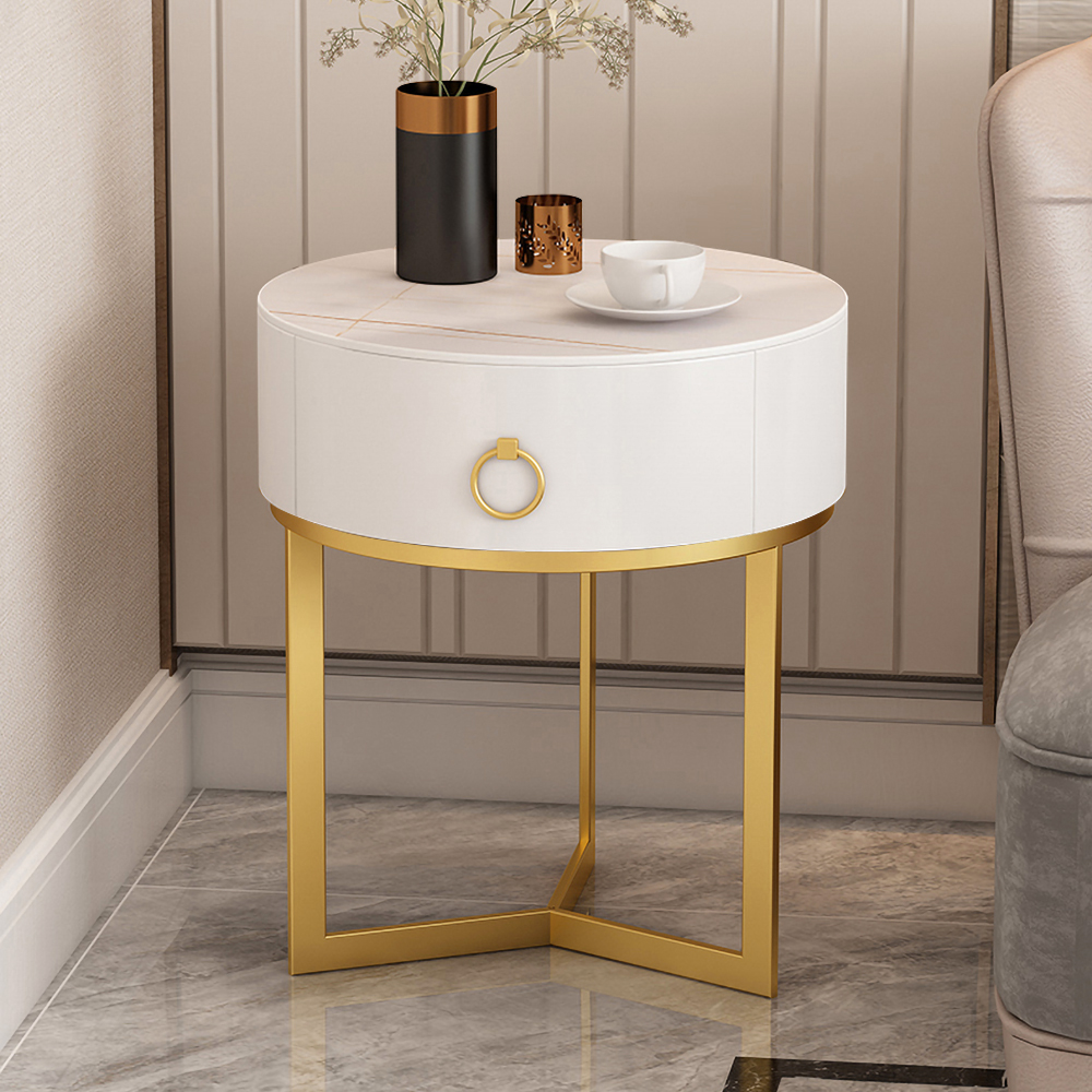 Modern Round Nightstand with 1 Drawer White Nightstand Bedside Table