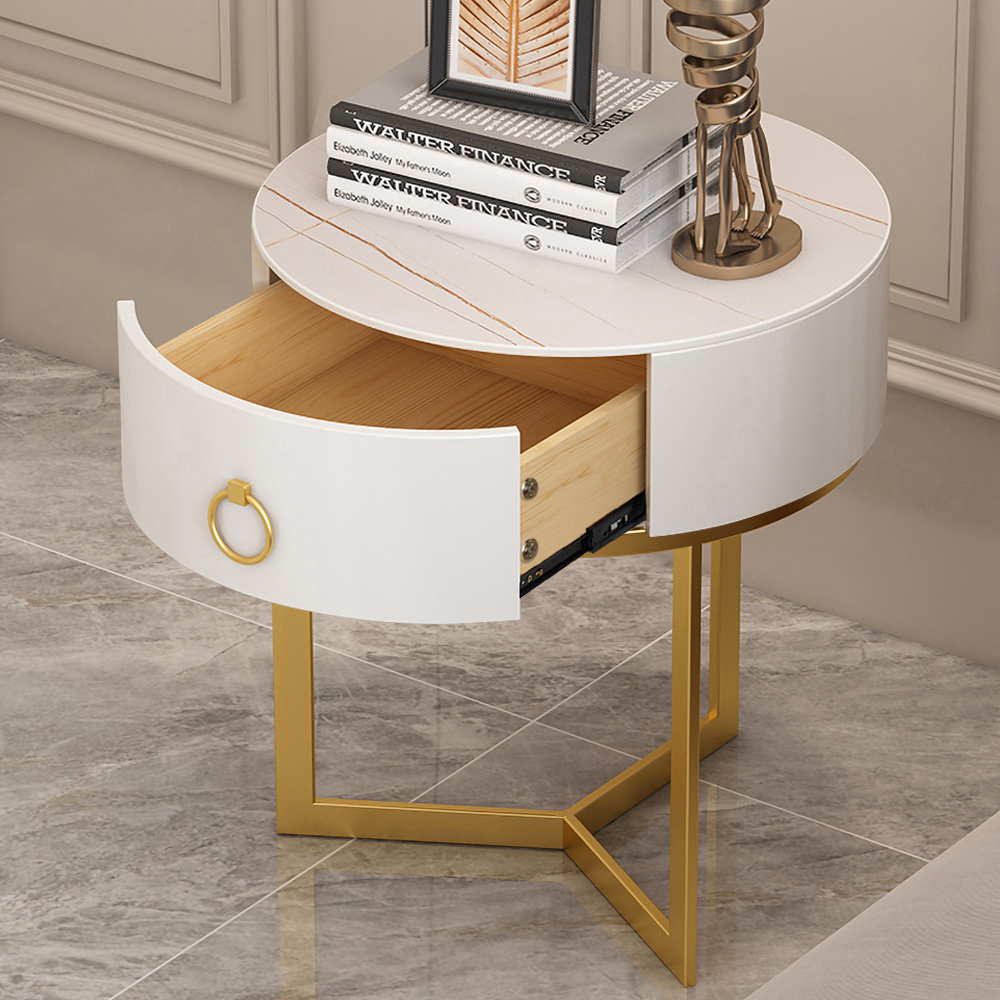 Modern Round Nightstand with 1 Drawer White Nightstand Bedside Table