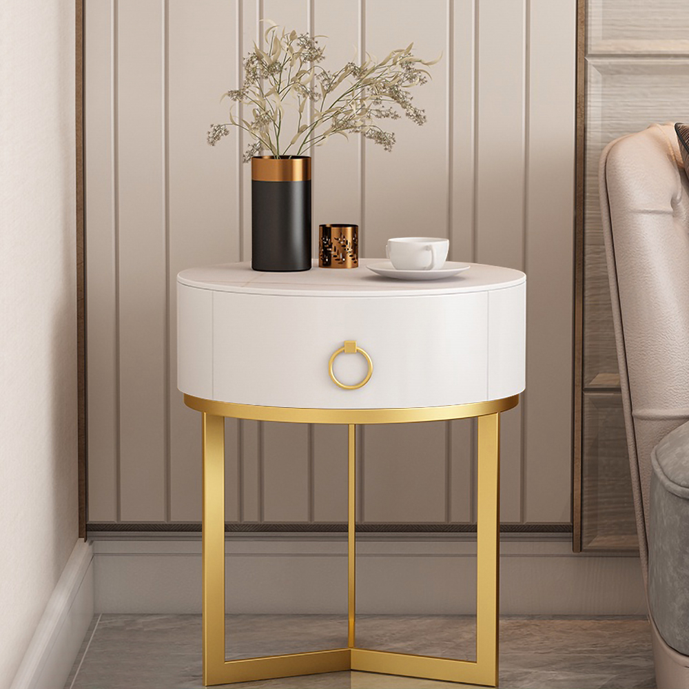 Modern Round Nightstand with 1 Drawer White Nightstand Bedside Table
