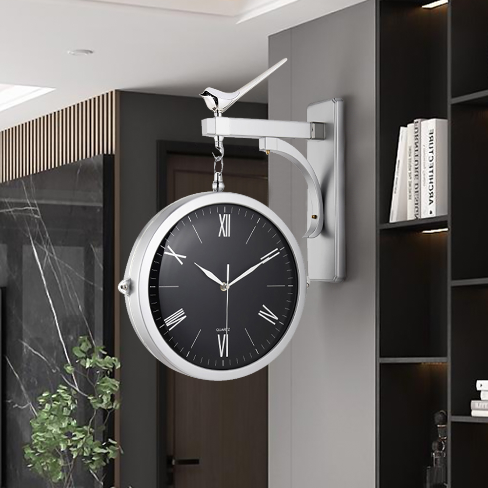 Horloge Murale Double Face Moderne Horloge Suspendue Minimaliste Noire