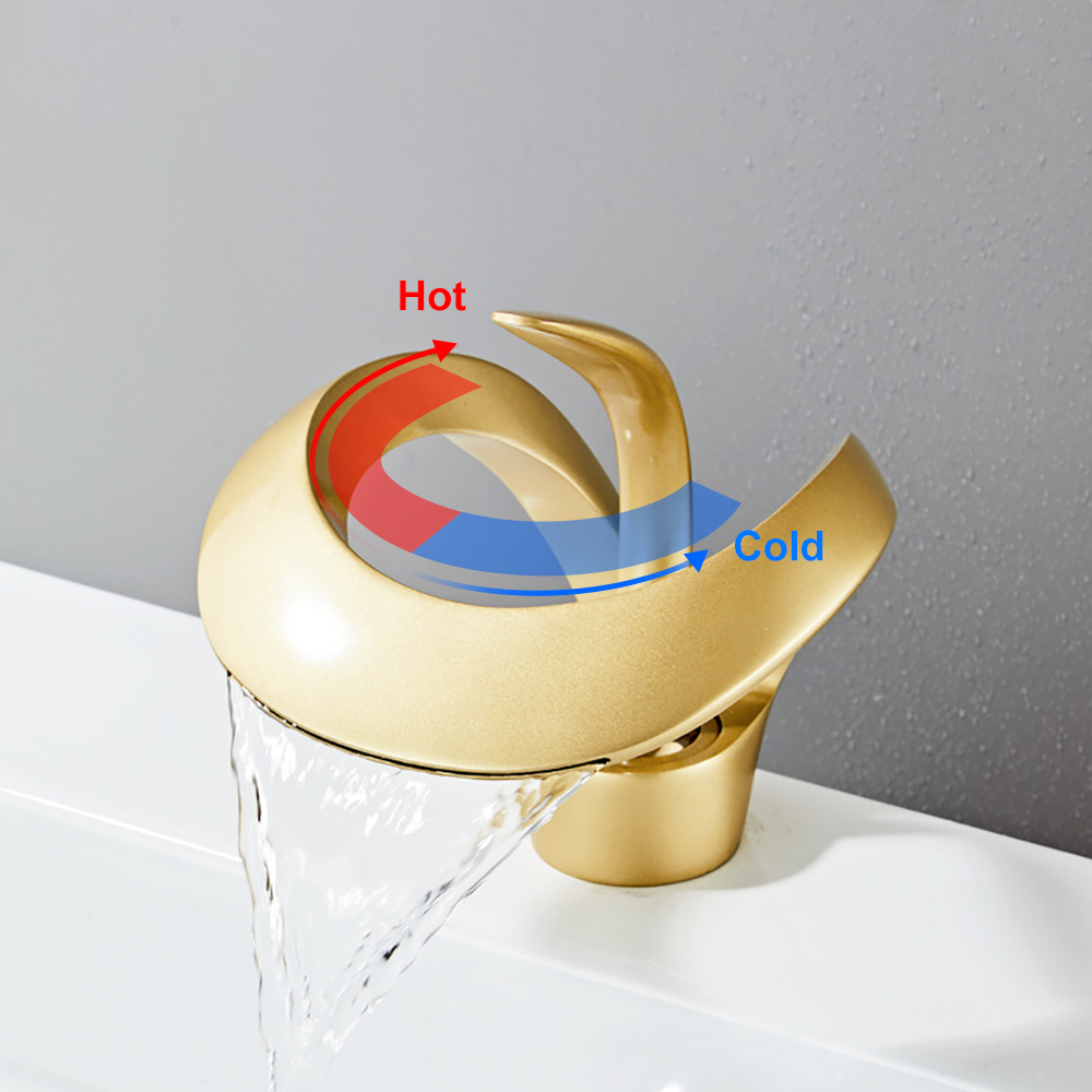 Modern Elegant Waterfall Bathroom Sink Faucet Single Handle Solid Brass In Gold Bathroom 