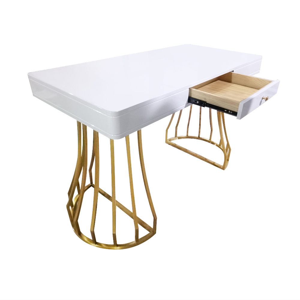 White Office Desk 47" Modern Writing Desk Gold Base Stainless Steel Office Furniture Homary US