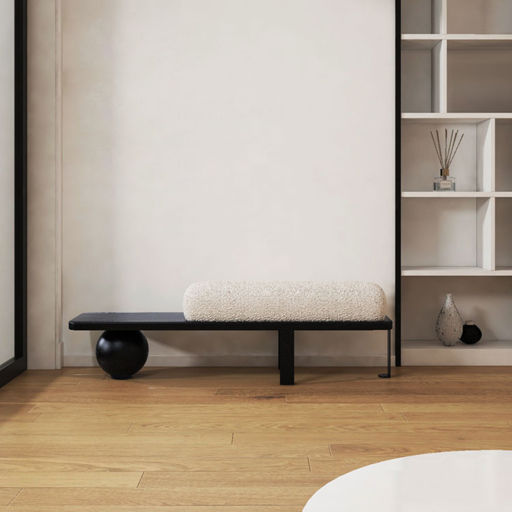 White & Black Wooden Entryway Bench Boucle Upholstered with Abstract Metal Legs Hallway
