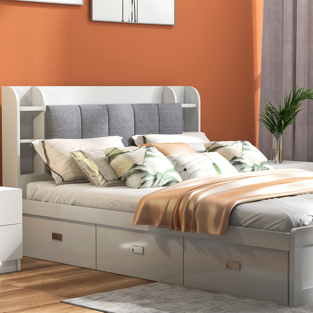Modern White Storage Queen Bed Low Profile Queen Bed with 3 Drawers
