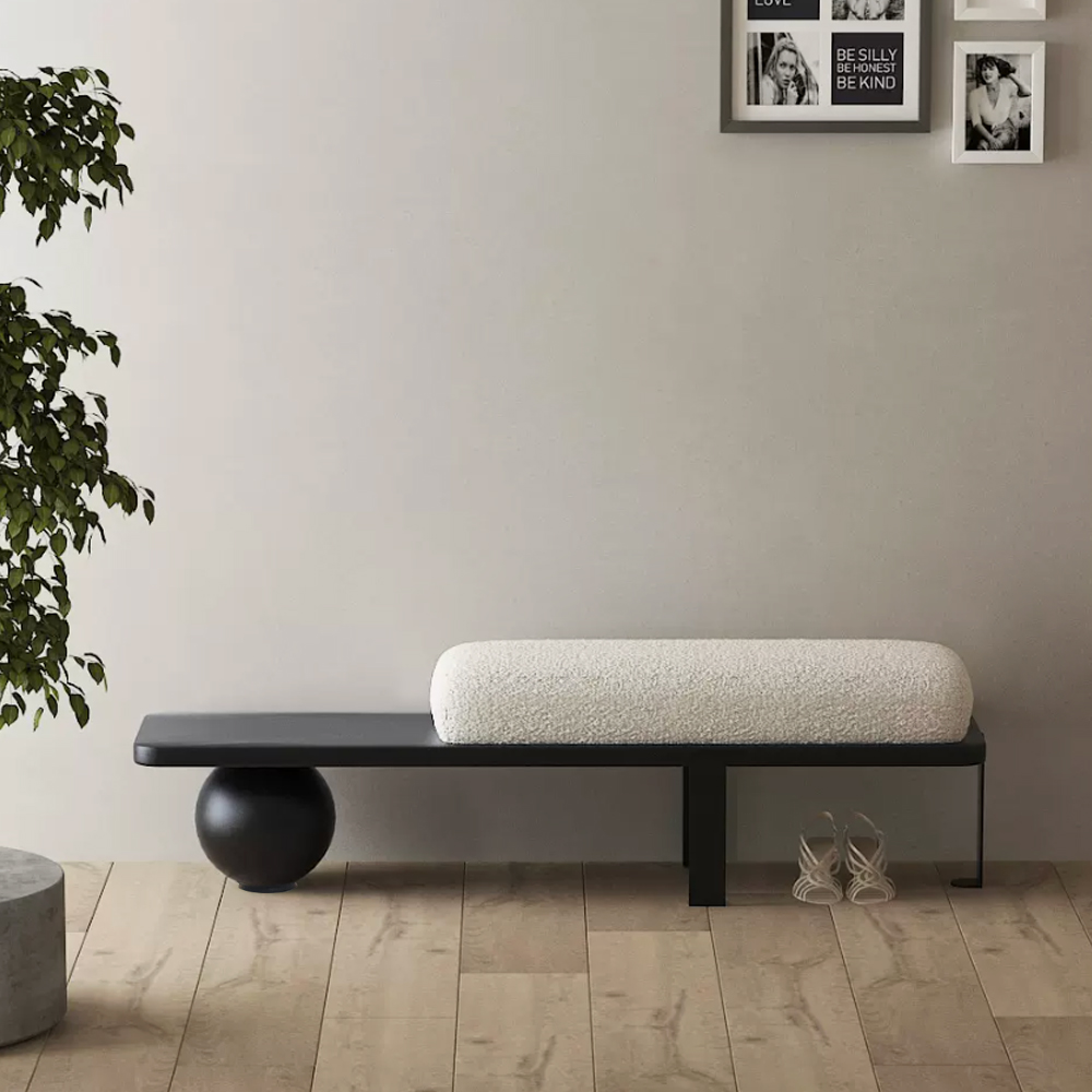 White & Black Wooden Entryway Bench Boucle Upholstered with Abstract Metal Legs Hallway