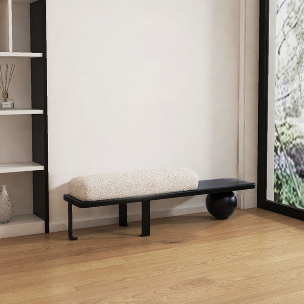 White & Black Wooden Entryway Bench Boucle Upholstered with Abstract Metal Legs Hallway