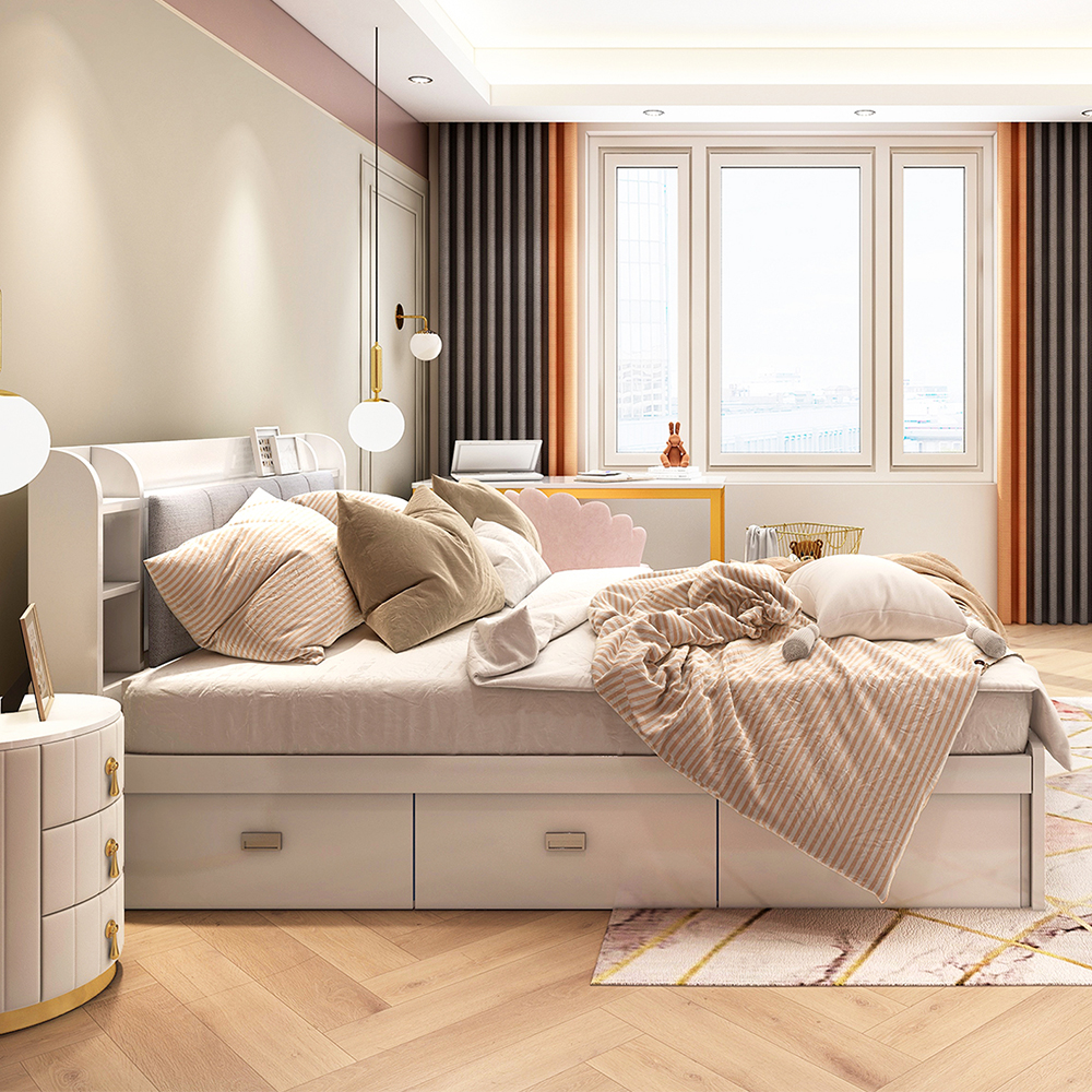 Modern White Storage Queen Bed Low Profile Queen Bed with 3 Drawers