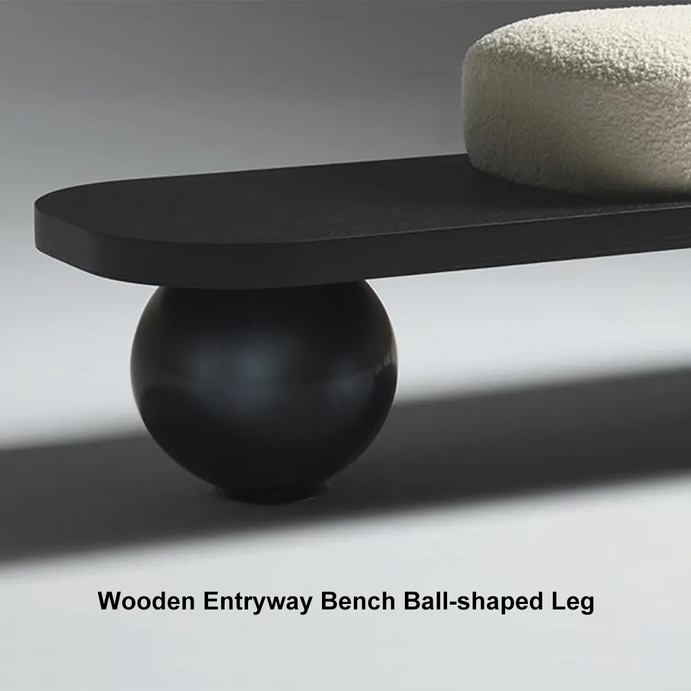 White & Black Wooden Entryway Bench Boucle Upholstered with Abstract Metal Legs Hallway