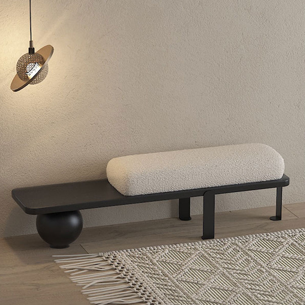 White & Black Wooden Entryway Bench Boucle Upholstered with Abstract Metal Legs Hallway