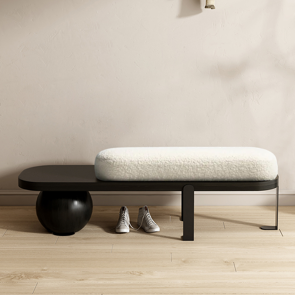 White & Black Wooden Entryway Bench Boucle Upholstered with Abstract Metal Legs Hallway