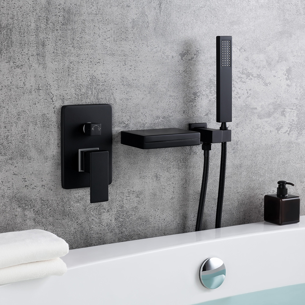 Contemporary Wall-Mount LED Waterfall Matte Black Bathtub Filler Faucet ...