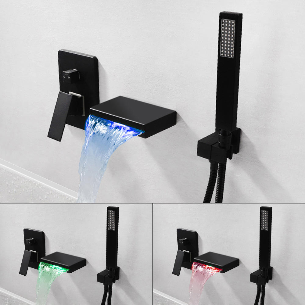 Contemporary WallMount LED Waterfall Matte Black Bathtub Filler Faucet with Hand Shower Home