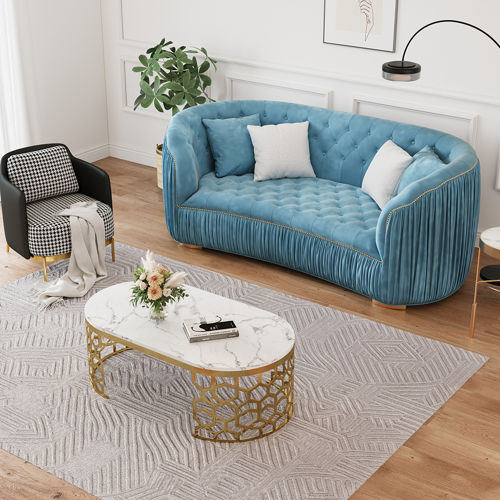 2100mm Luxury Modern Blue Velvet Curved Upholstered Tufted 3-Seater Sofa