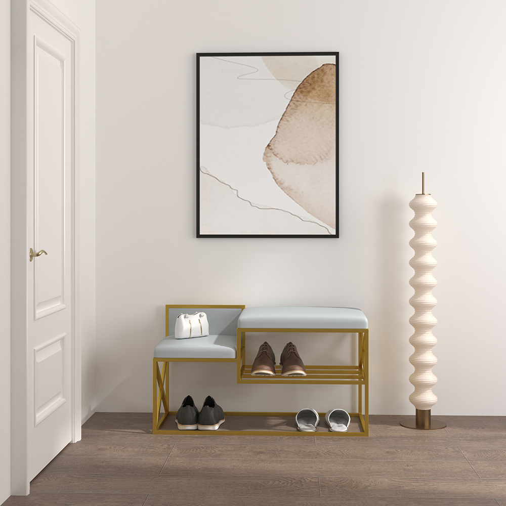 Modern PU Leather Upholstered Hallway Bench Grey with Gold Legs