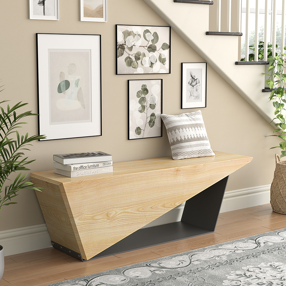 1200mm Rustic Wooden Bench 3-Person Seat Bench for Entryway with Metal Base 