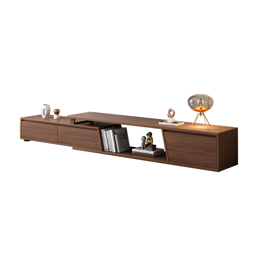 Fero Minimalist Walnut Rectangle Extendable TV Stand with 3 Drawers Up