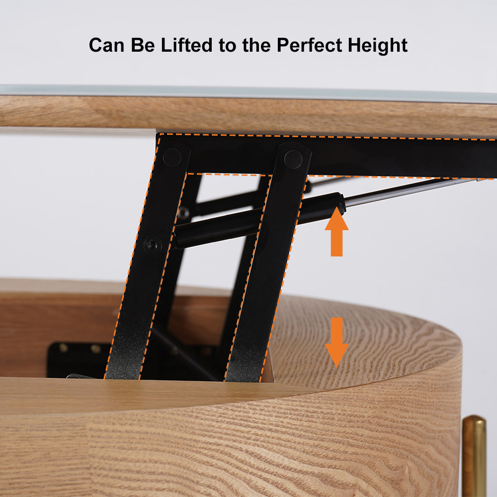 Round LiftTop Coffee Table with Storage White & Natural without Stools