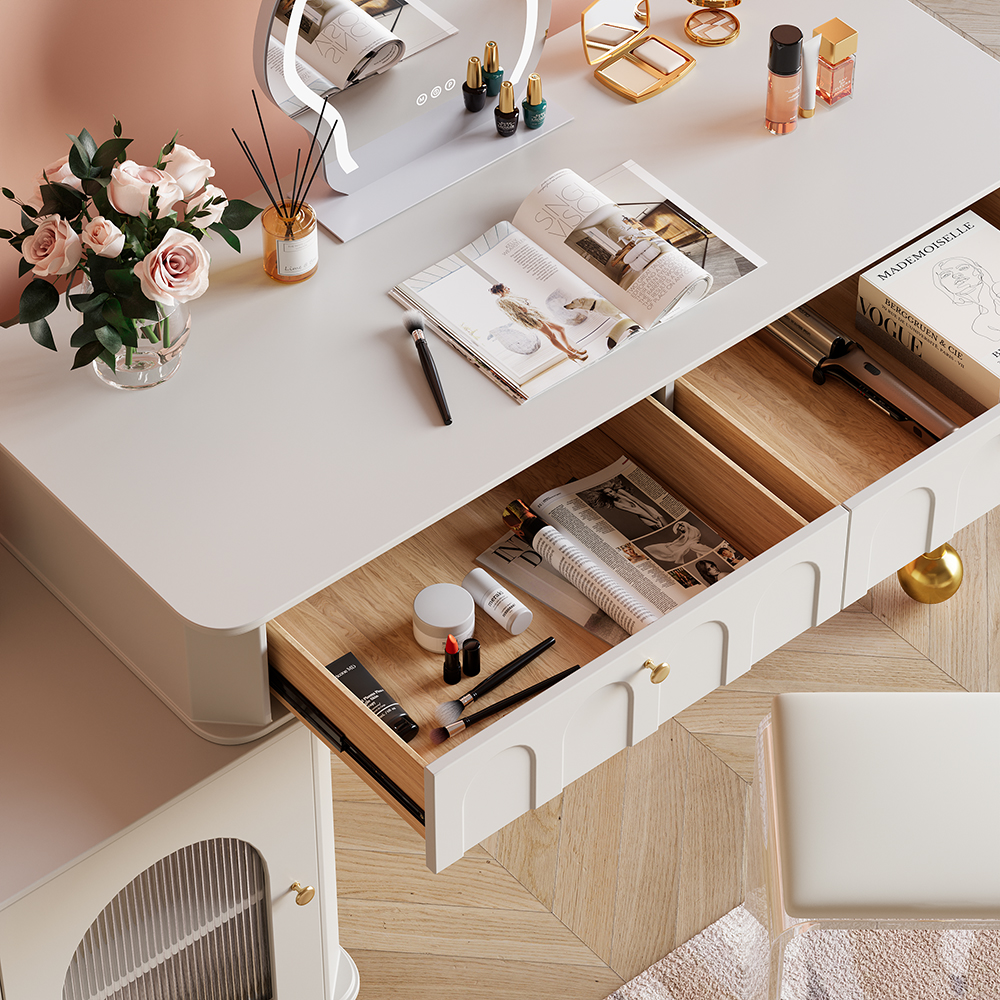 Modern White Makeup Vanity Set Dressing Table with Lighted Mirror