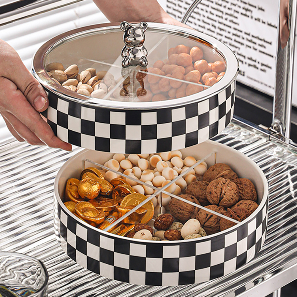Modern 8.9" Divided Serving Tray with Lid 2 Tiered Snack Tray Food