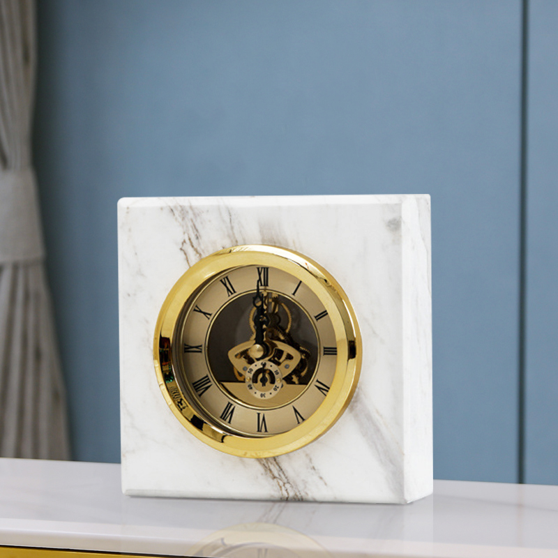 Modern White & Gold Square Mantel & Table Top Clock Decor with Marble
