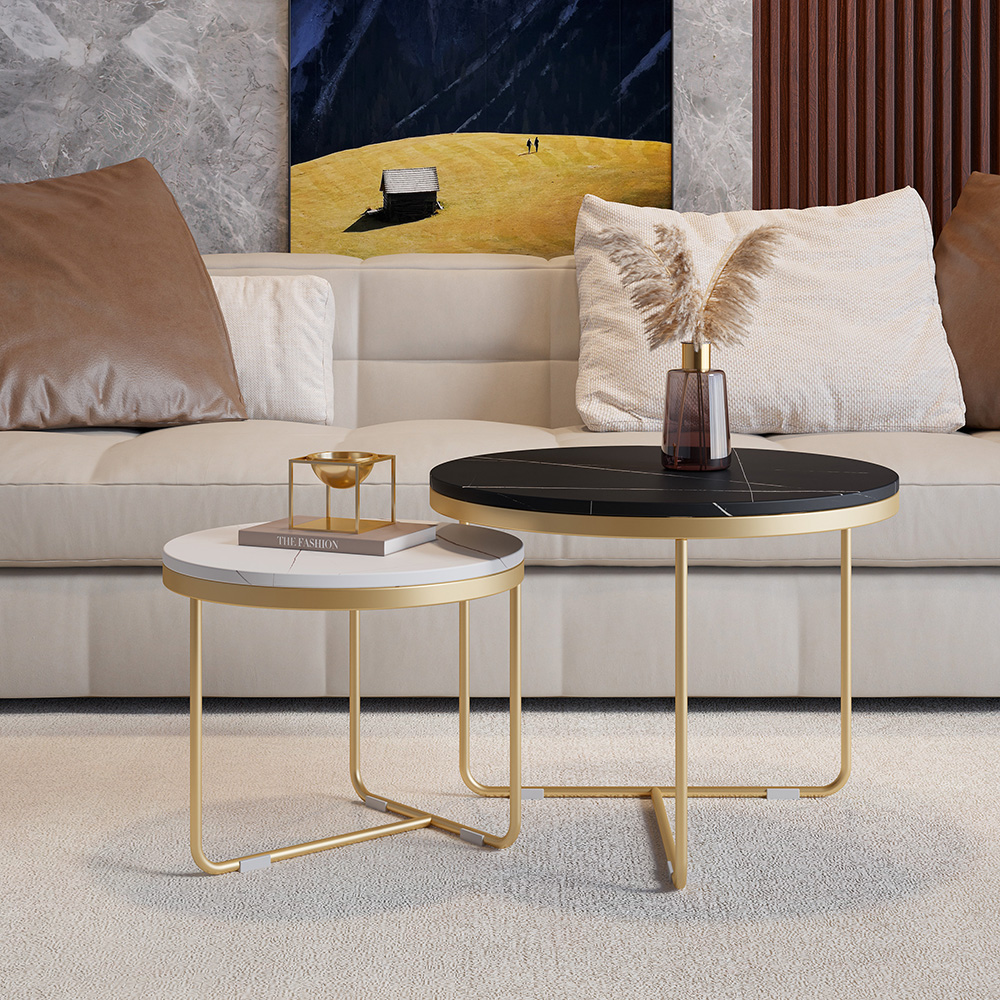 Modern Round Nesting Coffee Table Set 2Piece Black & White Sintered Stone Top Gold Base