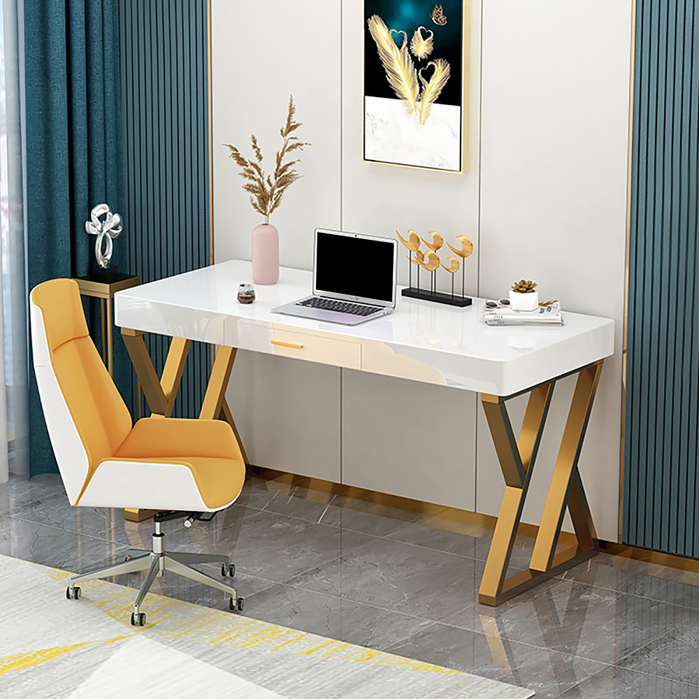 Modern White and Gold Rectangular Writing Desk in MDF & Metal Home Office Desk Office