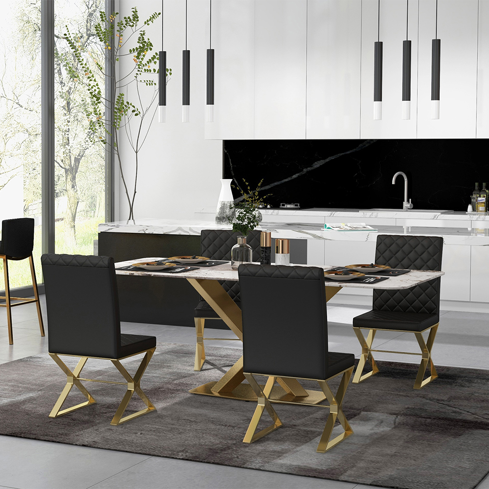 Dochic Modern Black Upholstered Leather Dining Table Chair Gold Legs
