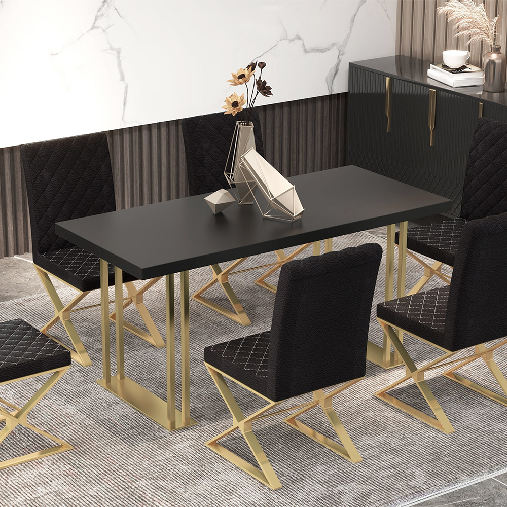 Dochic Modern Black Upholstered Leather Dining Table Chair Gold Legs