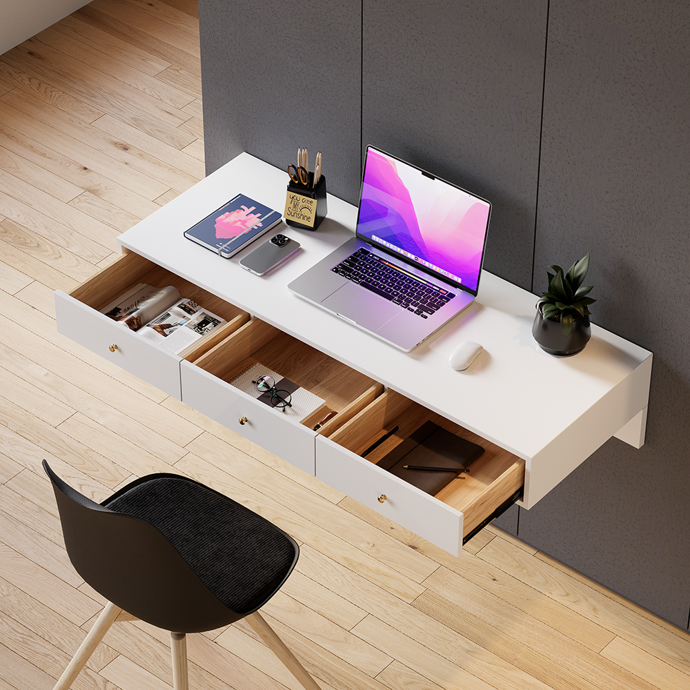 Modern White Floating Desk with Drawers Wall Mounted Desk in Pine Wood