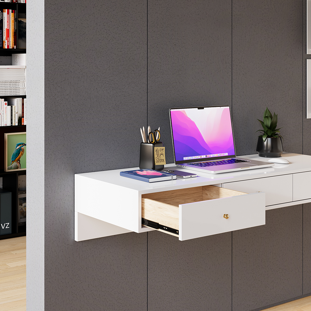 Modern White Floating Desk with Drawers Wall Mounted Desk in Pine Wood